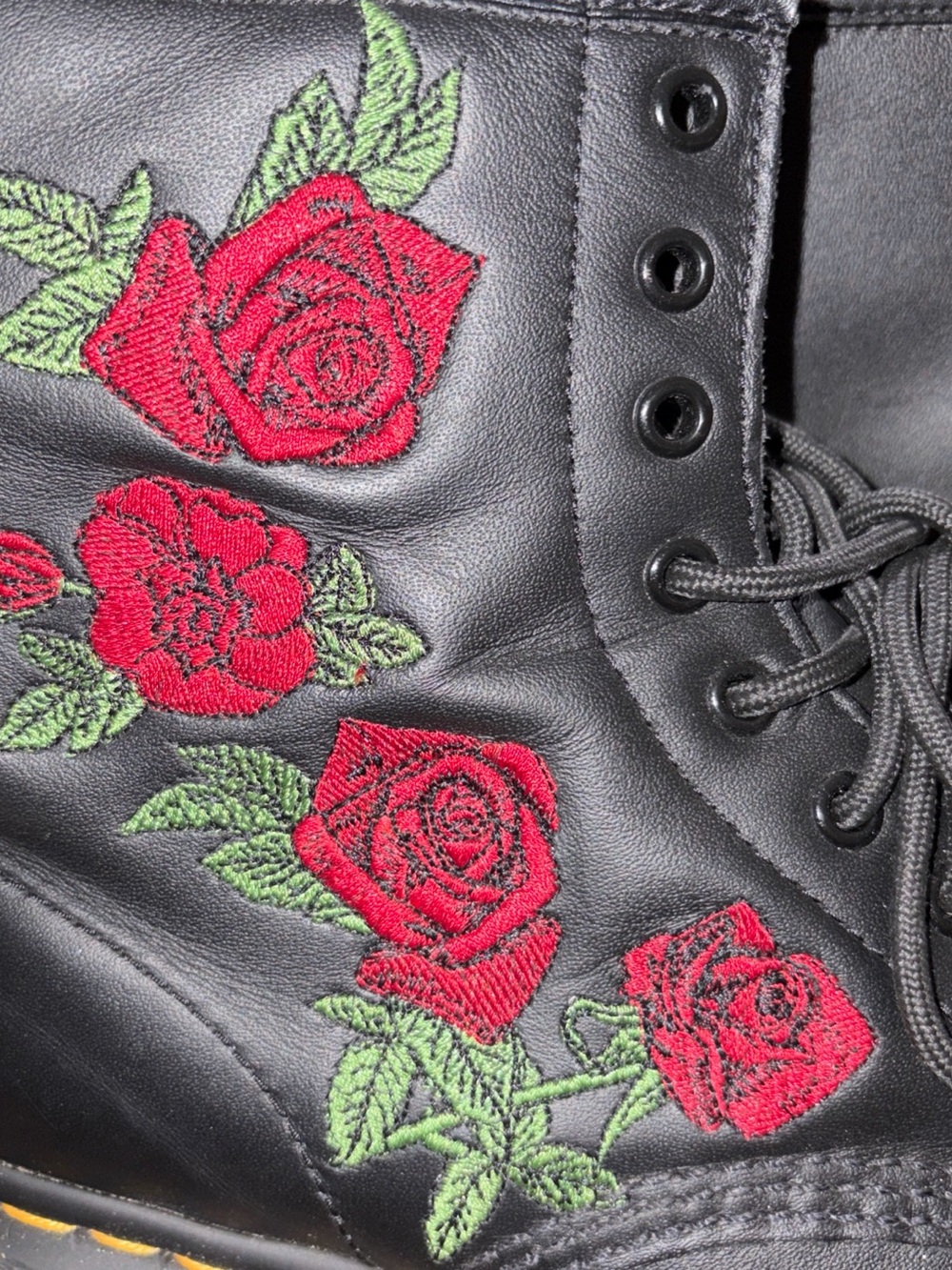 Dr. Martens Black Lace-Up Boots with Red Rose Embroidery